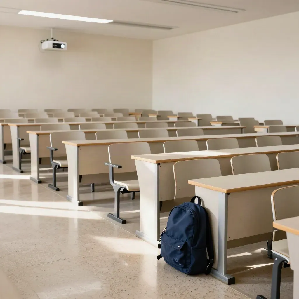 Pusta aula z rzędami krzeseł, światło projektora i plecak przy przejściu