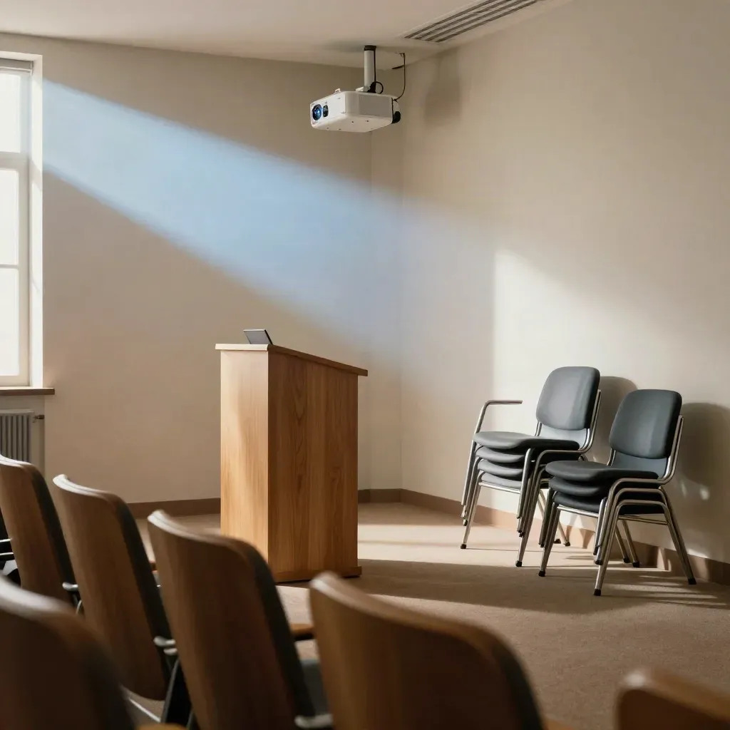 Pusta sala seminaryjna z mównicą, stosem krzeseł i bladą projekcją na ścianie.
